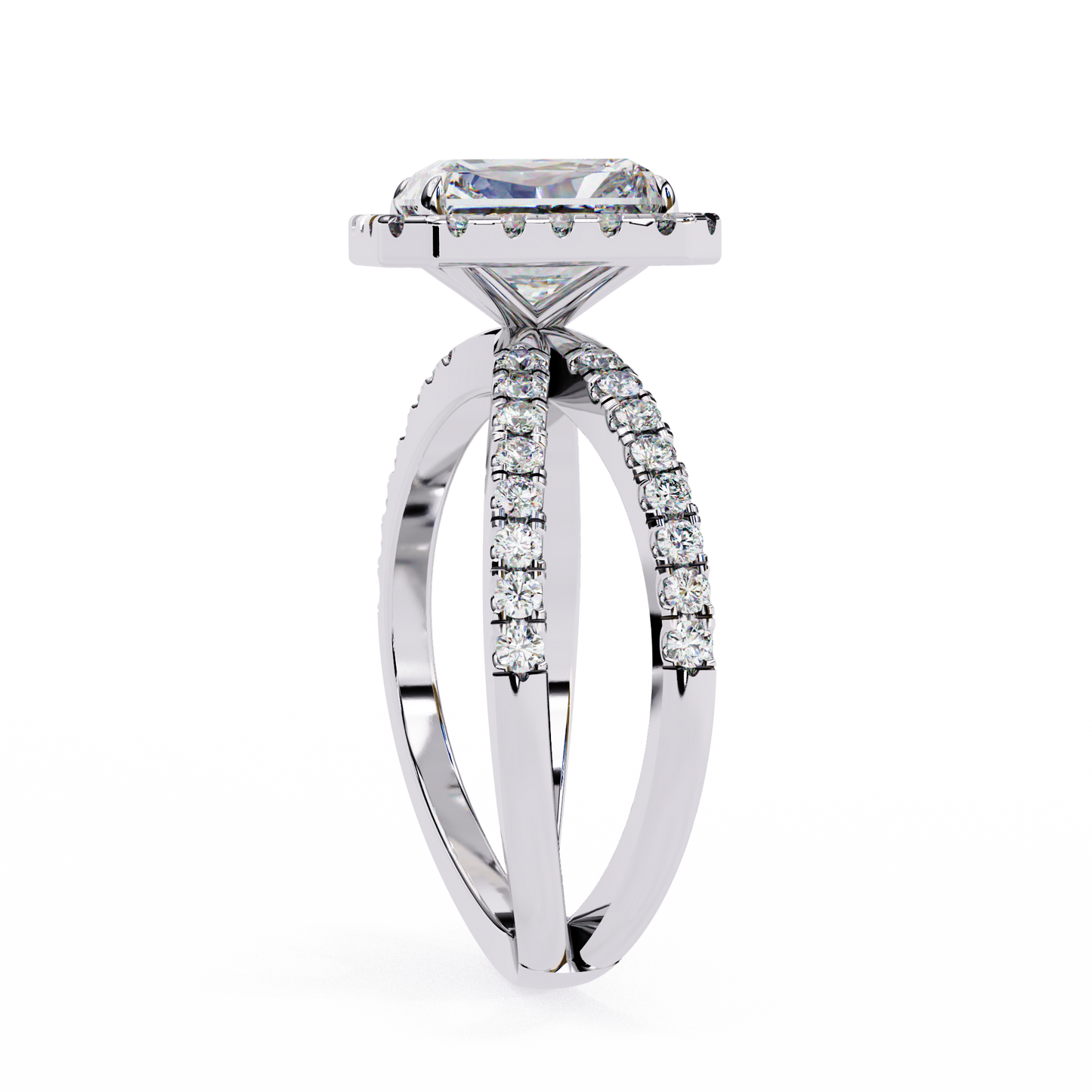 radiant halo crisscross lab grown diamond ring