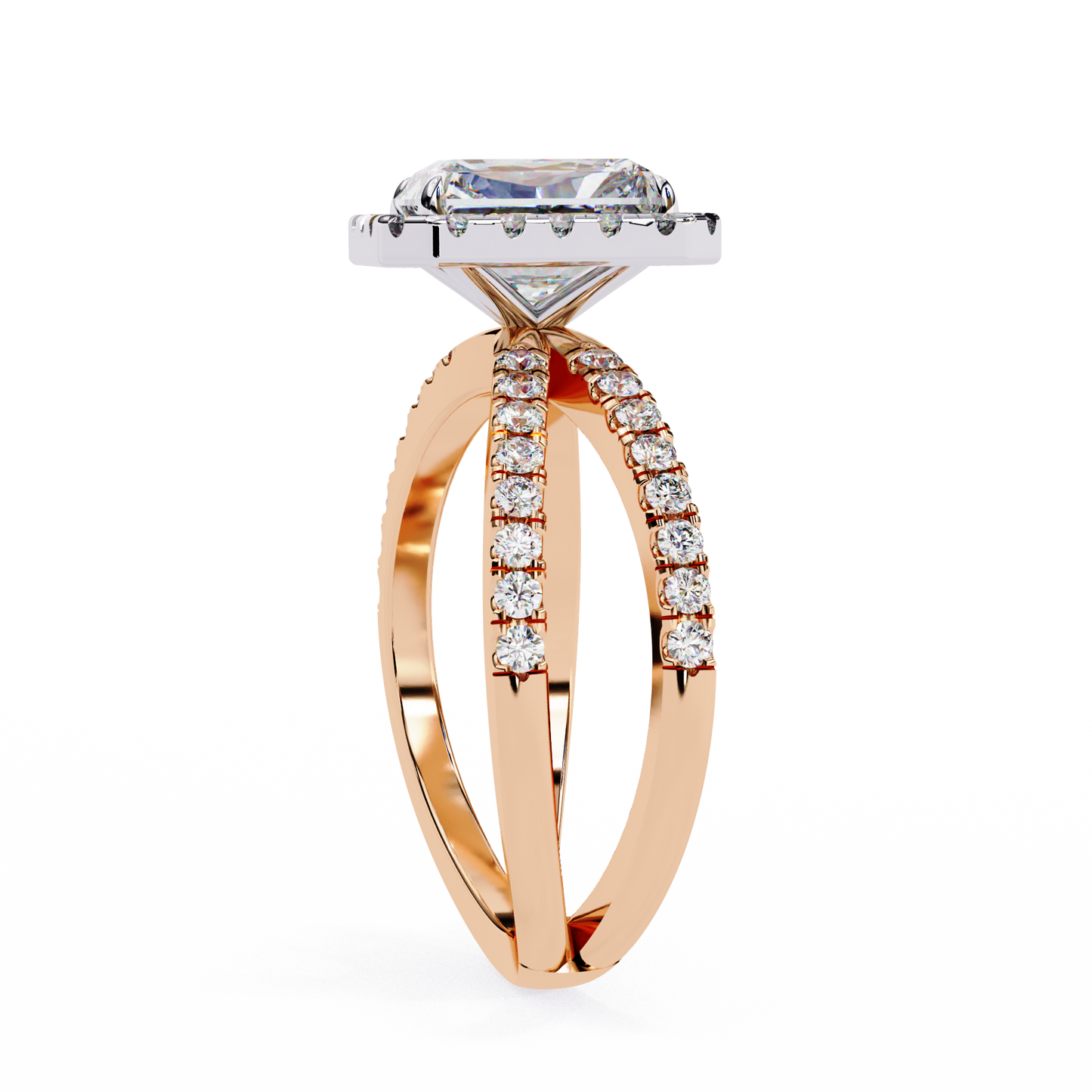 radiant halo crisscross lab grown diamond ring