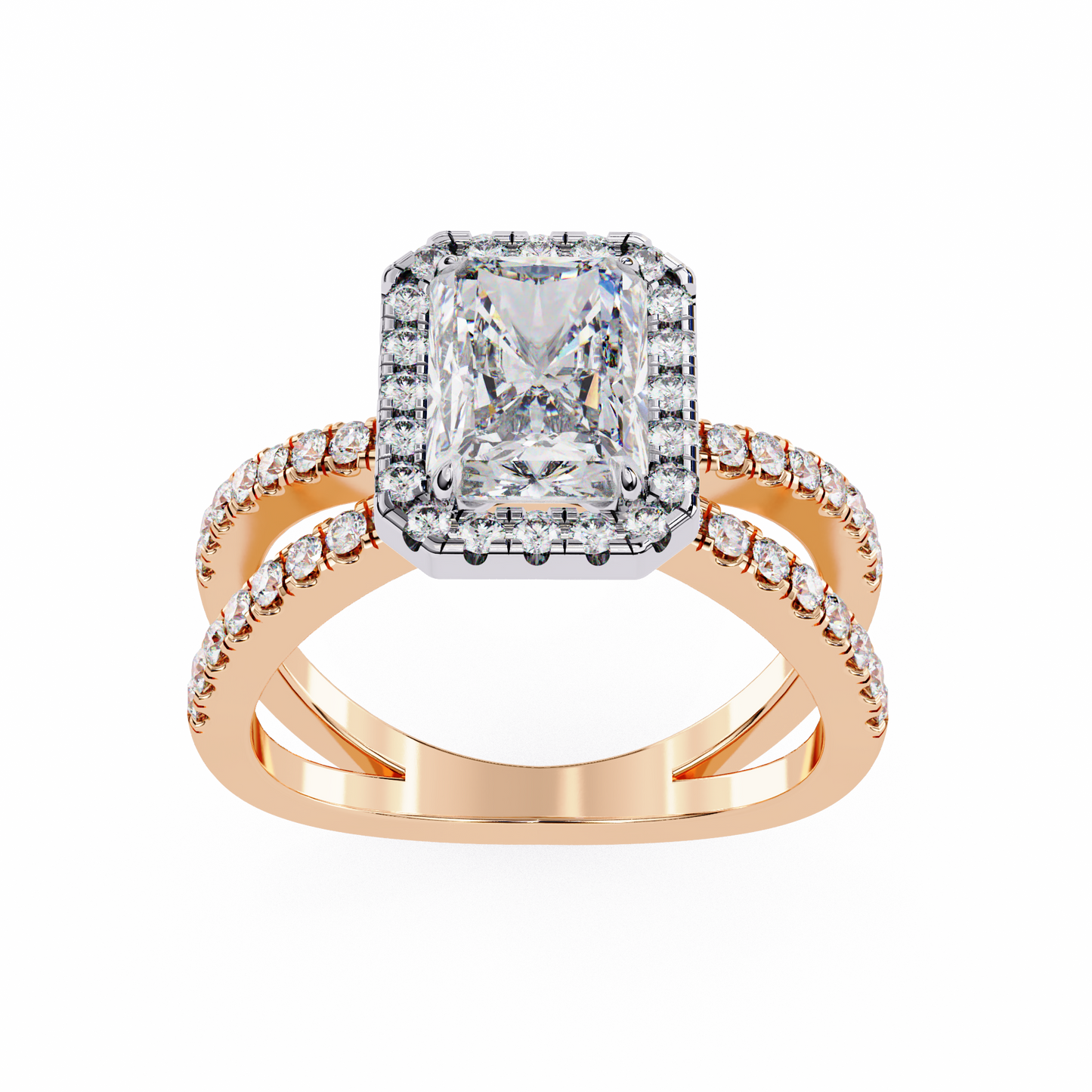 radiant halo crisscross lab grown diamond ring