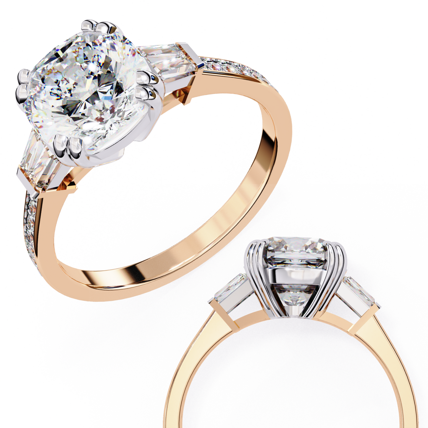 lustre cushion baguette lab grown diamond ring