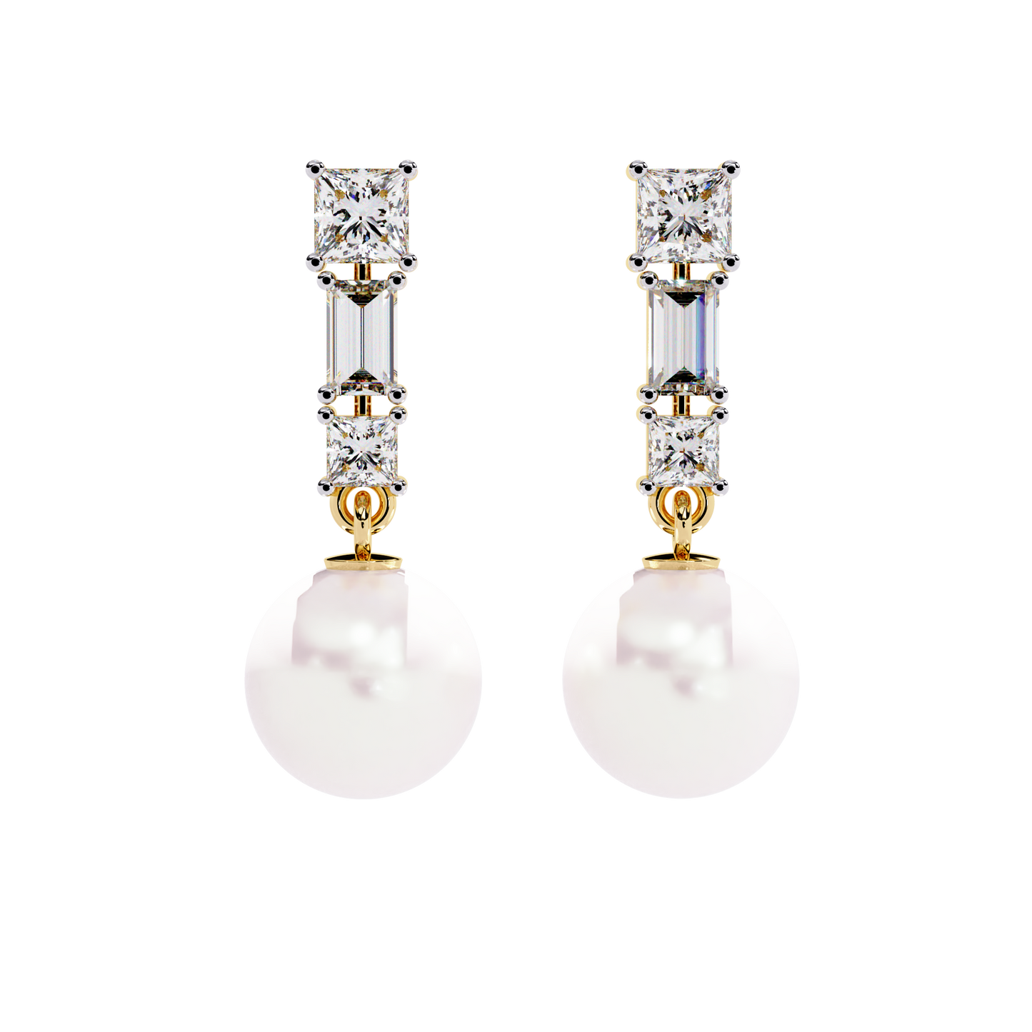 luminara princess & baguette pearl drop lab grown diamond earrings