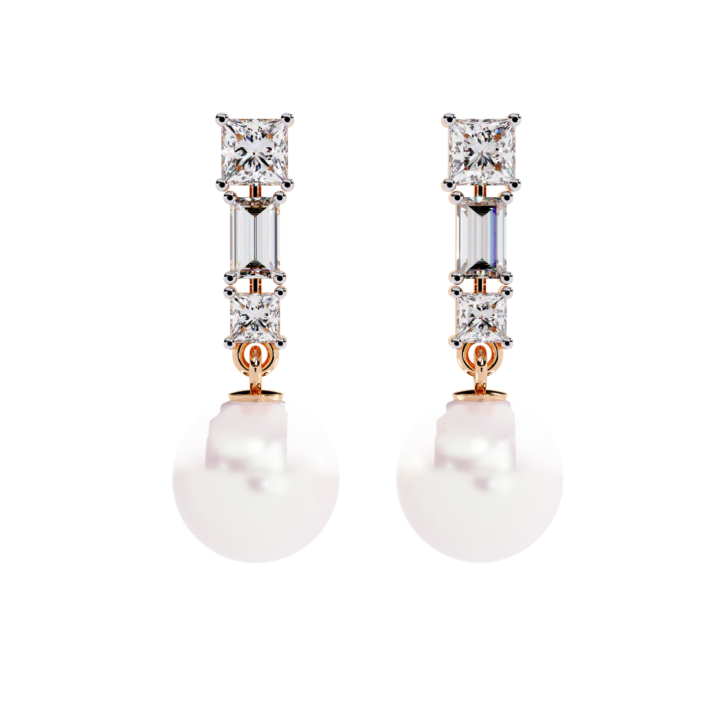 luminara princess & baguette pearl drop lab grown diamond earrings