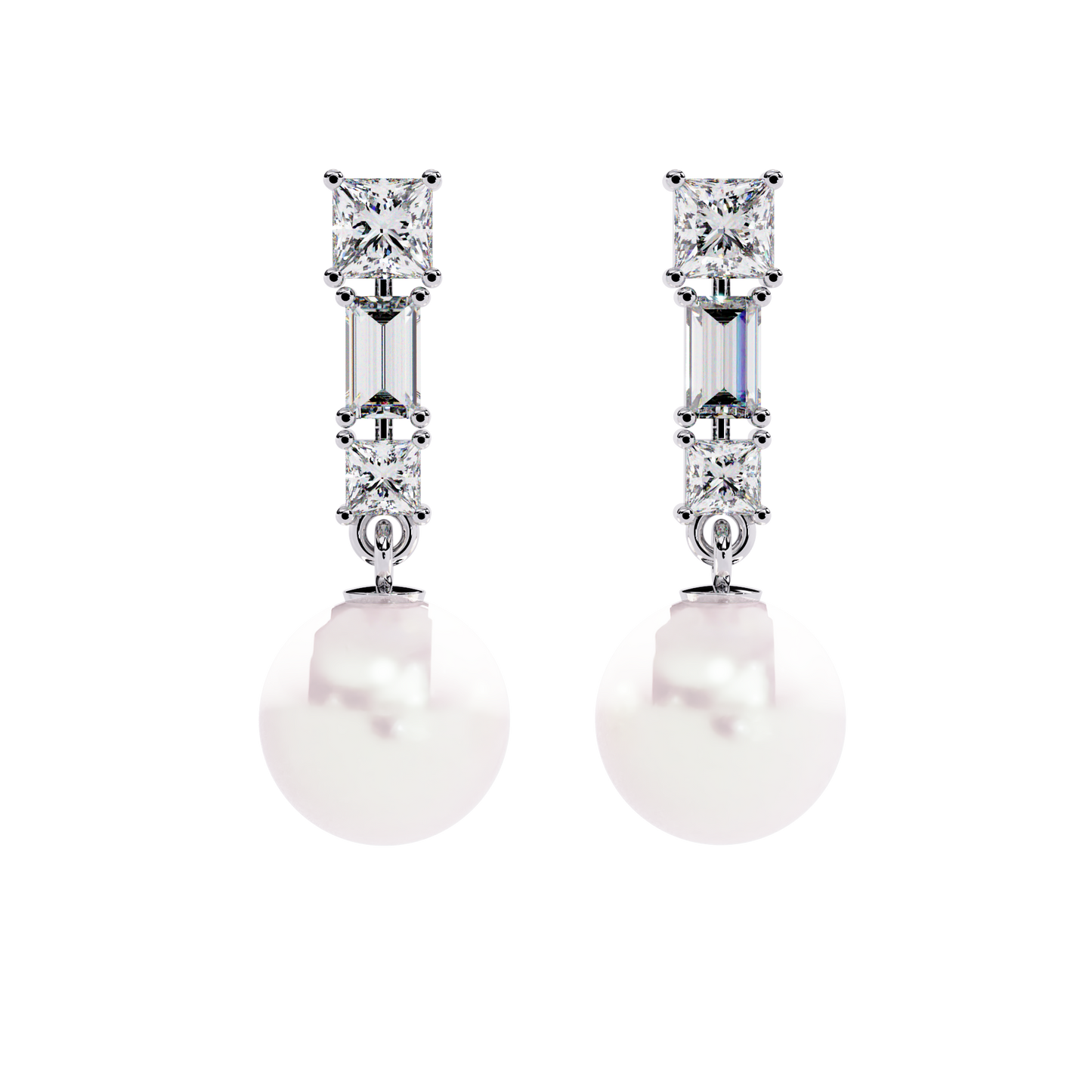 luminara princess & baguette pearl drop lab grown diamond earrings
