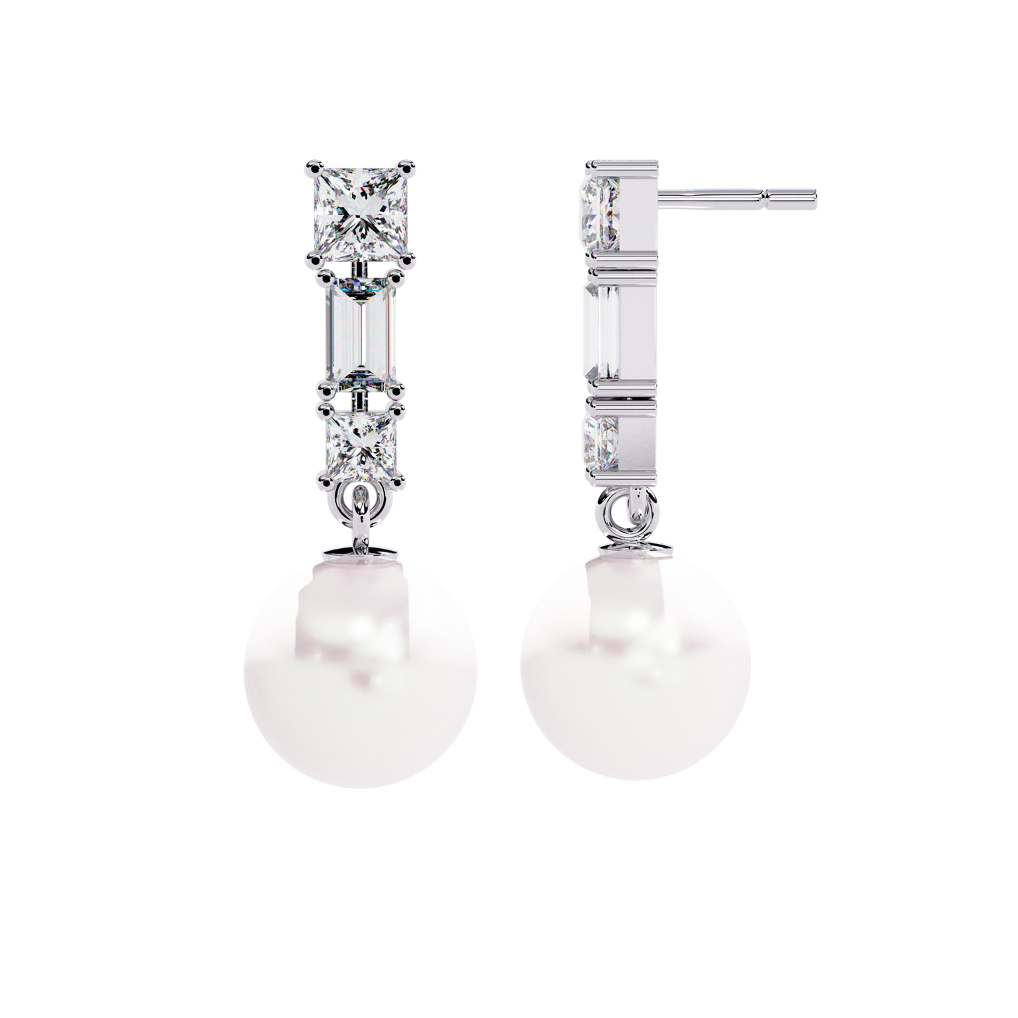 luminara princess & baguette pearl drop lab grown diamond earrings