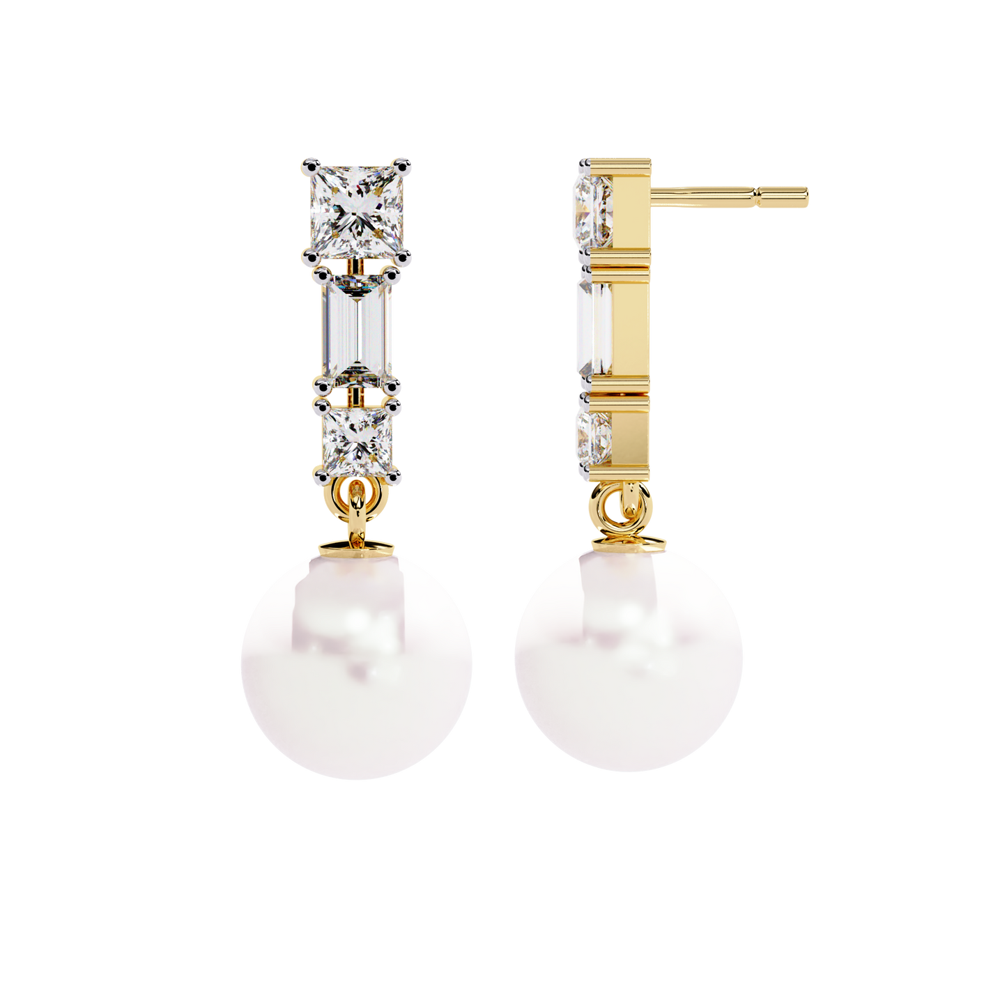 luminara princess & baguette pearl drop lab grown diamond earrings