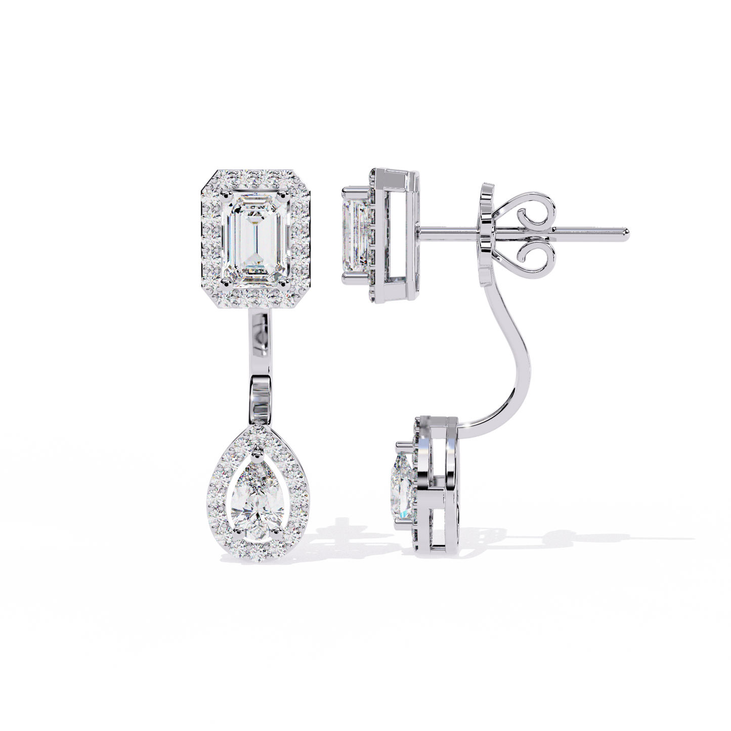 grand era emerald & pear double halo lab grown diamond drop earrings