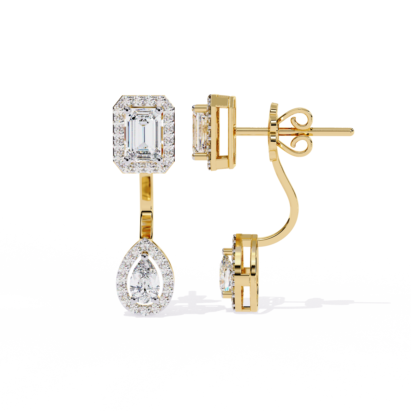 grand era emerald & pear double halo lab grown diamond drop earrings