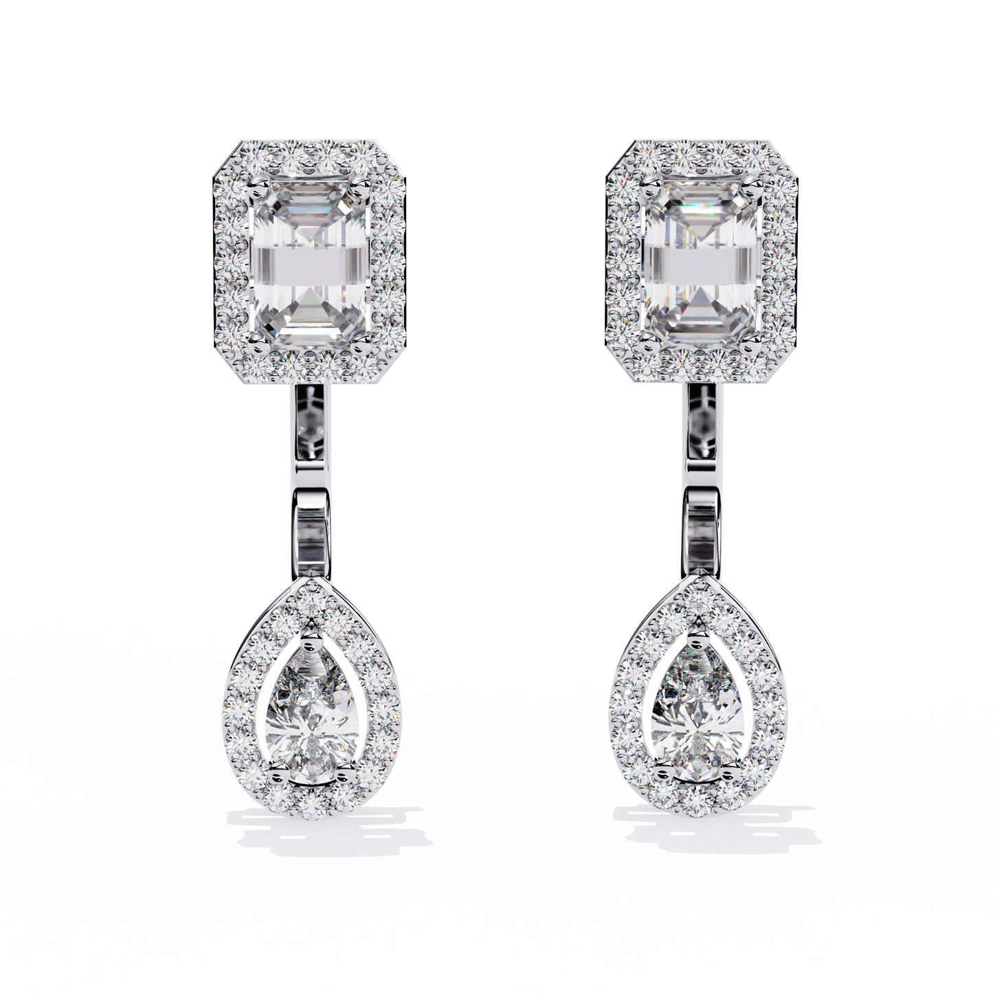 grand era emerald & pear double halo lab grown diamond drop earrings