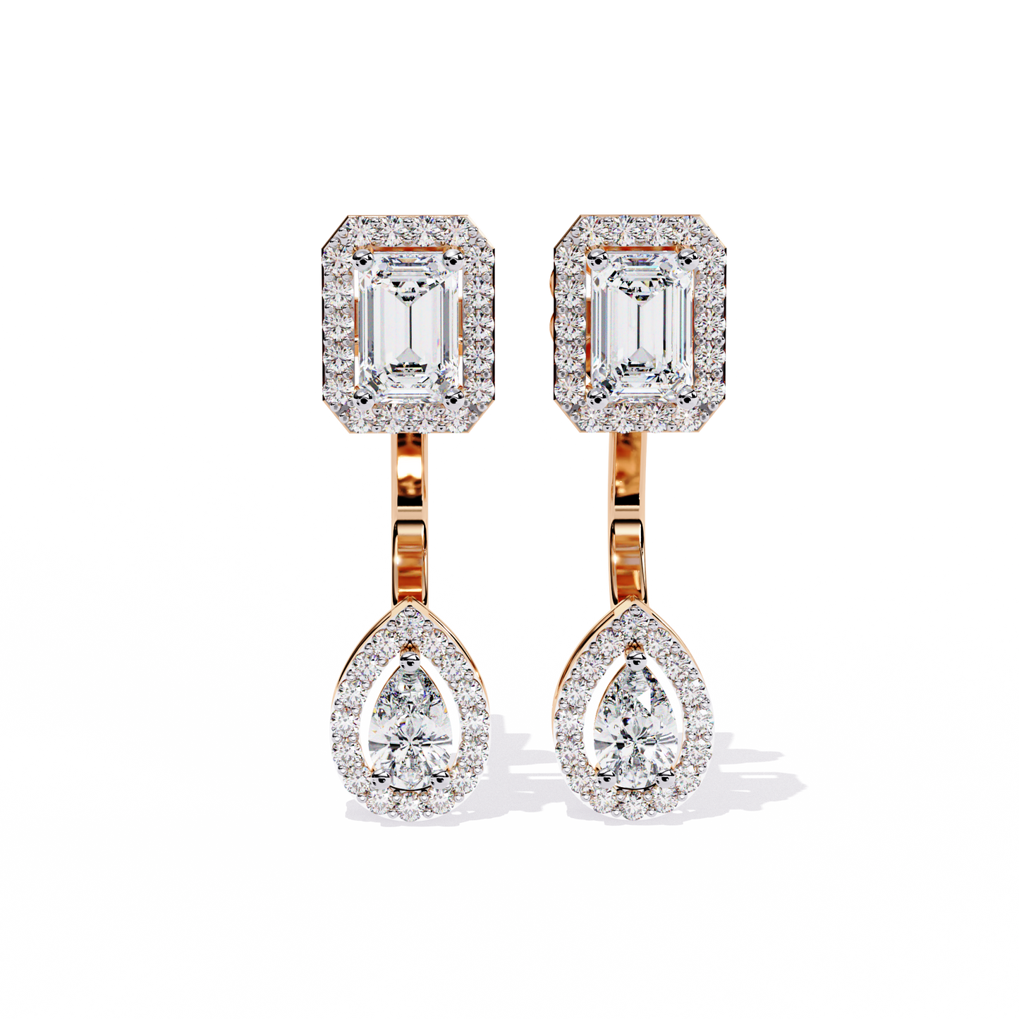 grand era emerald & pear double halo lab grown diamond drop earrings