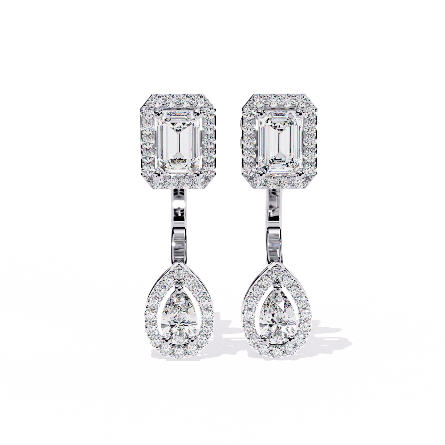 grand era emerald & pear double halo lab grown diamond drop earrings