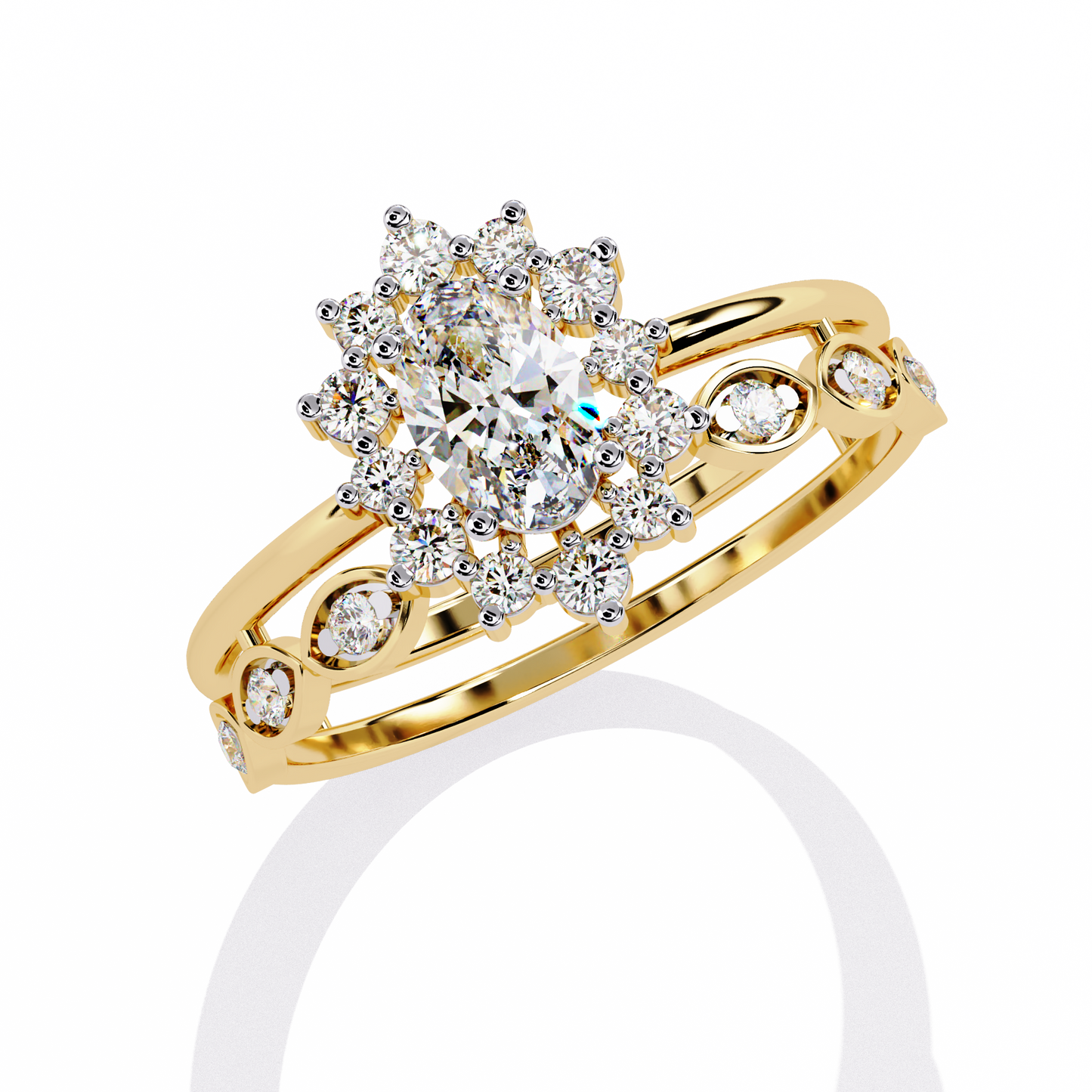 sunburst halo lab grown diamond ring