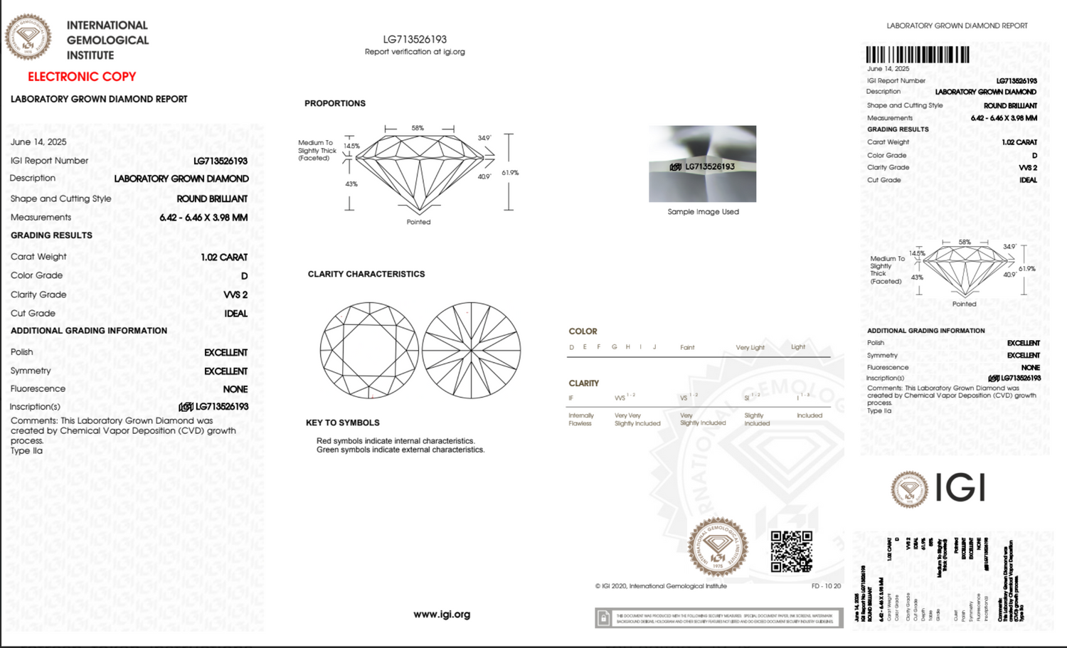 Diamond grading report with IGI logo on a white background