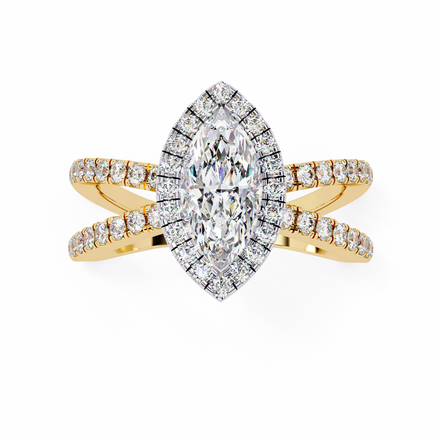 mireille lab grown diamond marquise halo crisscross ring
