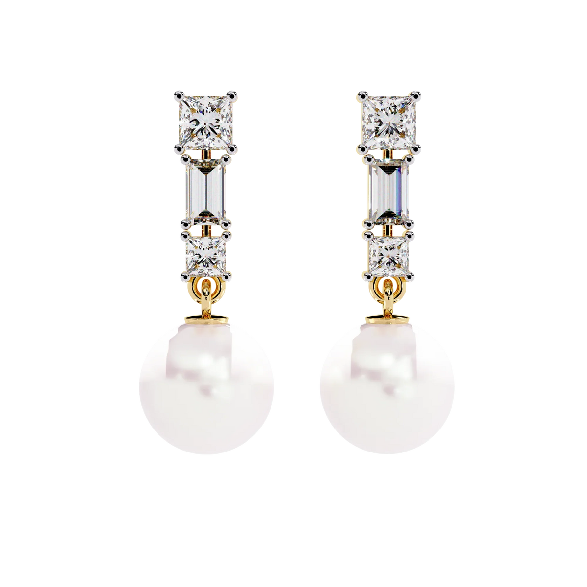 Luminara Princess & Baguette Pearl Drop Lab Grown Diamond Earrings - Ophiratbf