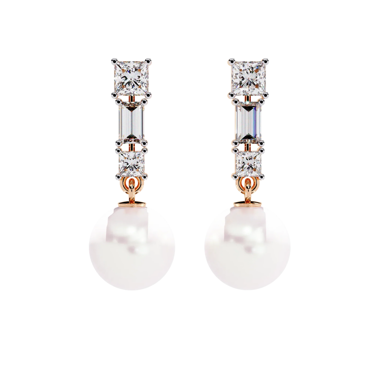 Luminara Princess & Baguette Pearl Drop Lab Grown Diamond Earrings - Ophiratbf