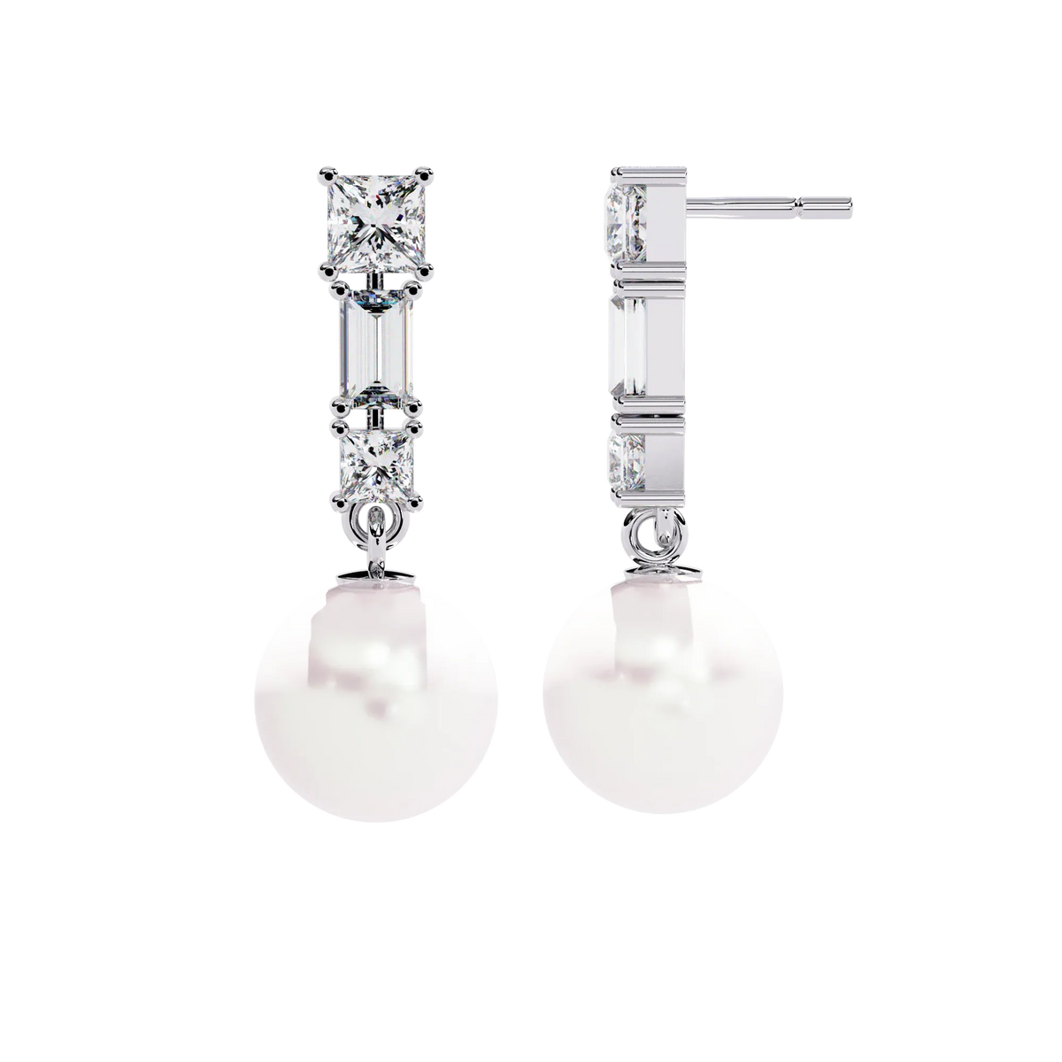 Luminara Princess & Baguette Pearl Drop Lab Grown Diamond Earrings - Ophiratbf