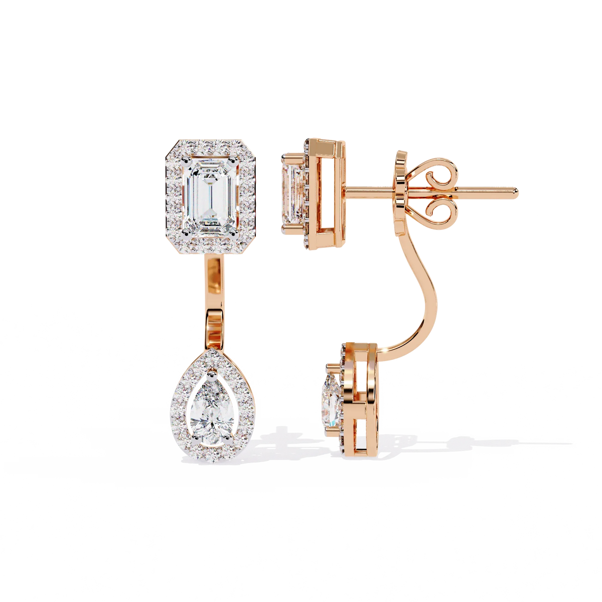 Grand Era Emerald & Pear Double Halo Lab Grown Diamond Drop Earrings - Ophiratbf