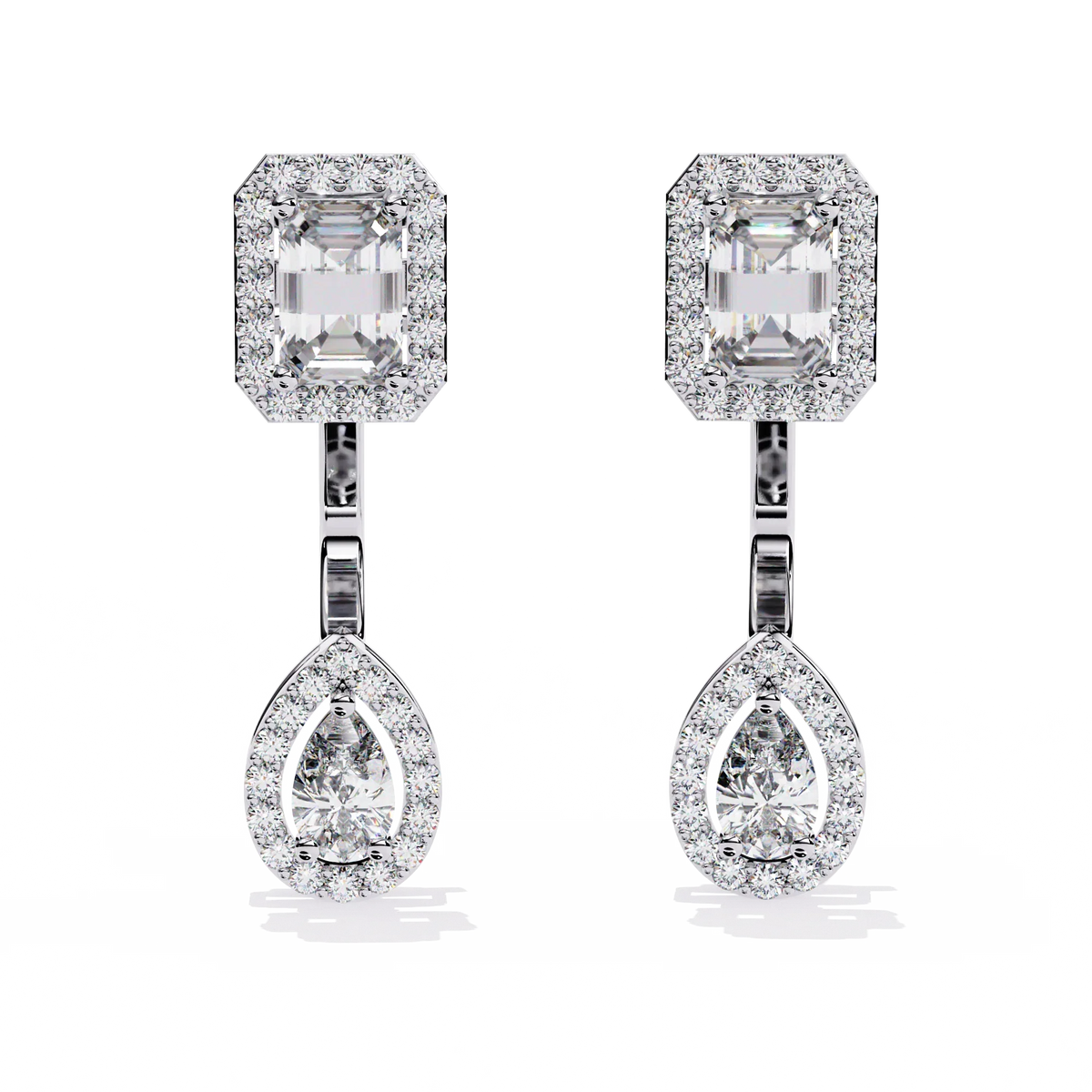 Grand Era Emerald & Pear Double Halo Lab Grown Diamond Drop Earrings - Ophiratbf