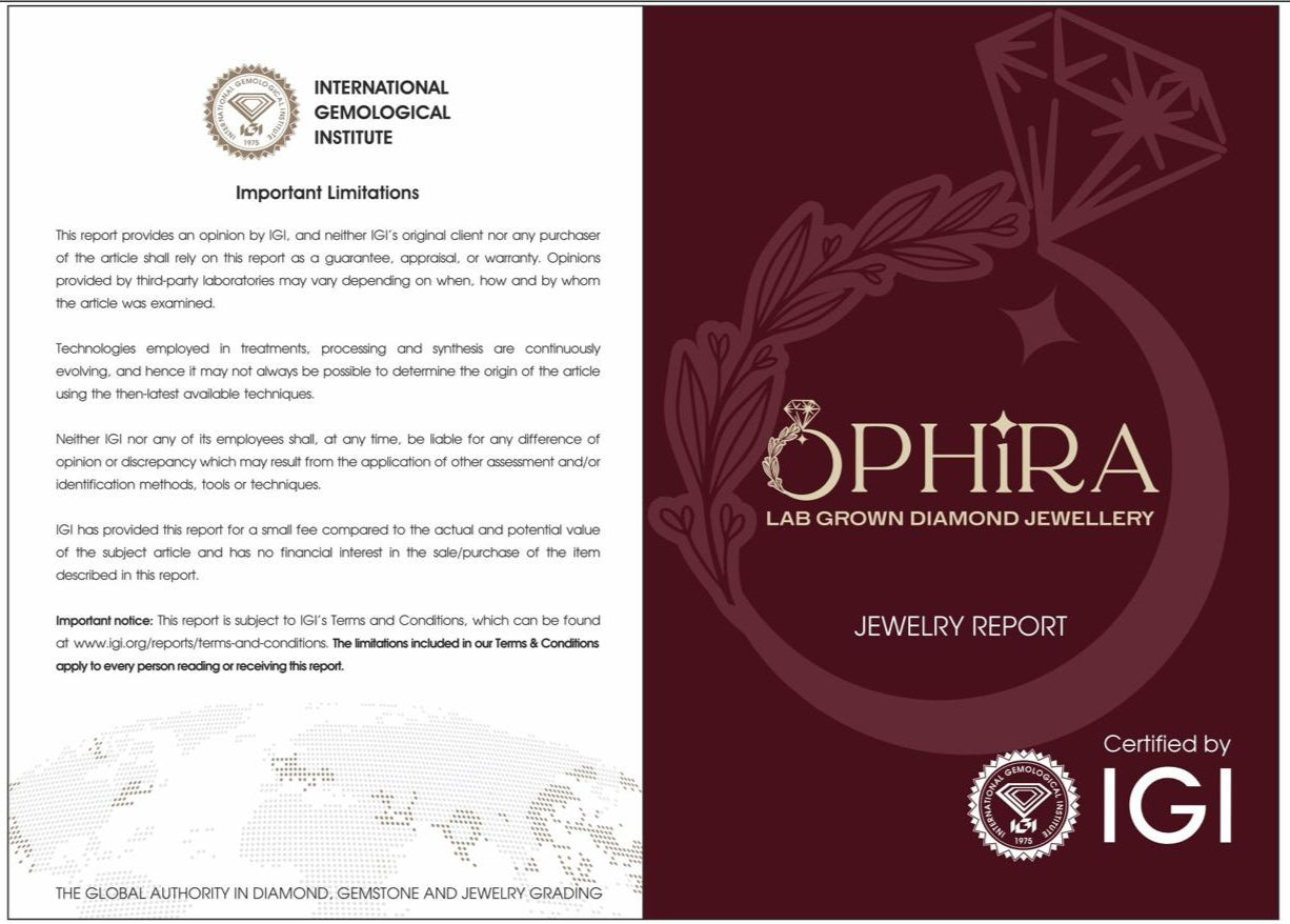 Ophira lab-grown diamond jewelry report with IGI certification on a white background